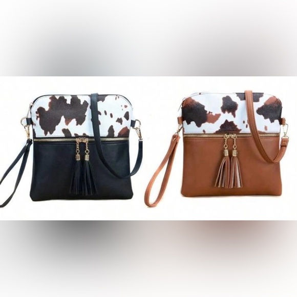 Handbags - Cowhide Accent Crossbody Bag with Tassel - Black or Brown